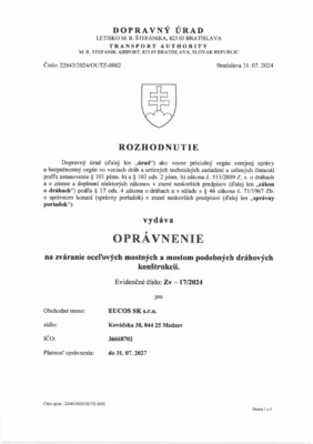 Oprávnenie Dopravný úrad – zváranie dráhových konštrukcií